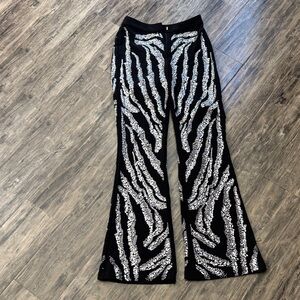 Black and White Diamond sparkling accents Zebra Print Flare Pants